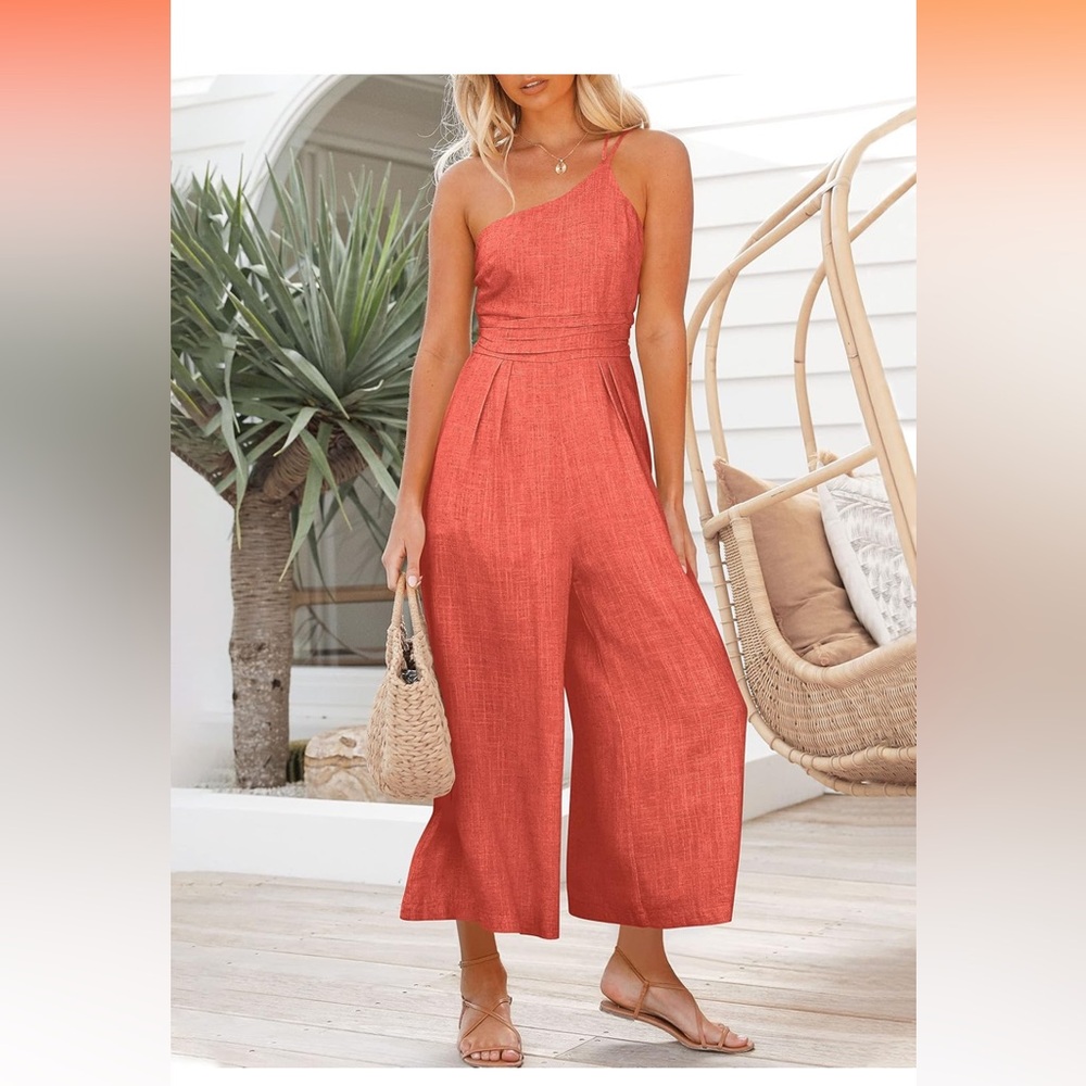 Single shoulder peach linen jumpsuit with pockets. Worn once. Like new.